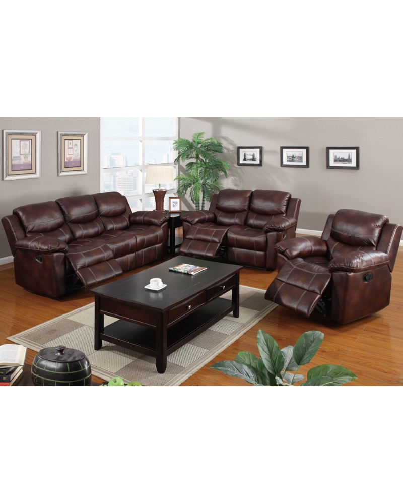 Padded Leatherette Motion Sofa, Loveseat and Recliner, Espresso