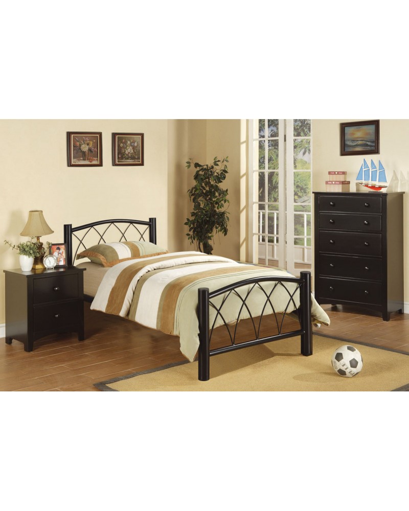 Black Metal Frame Youth Bed with Slats.  Bent Metal Accents.  Available in Twin and Full.