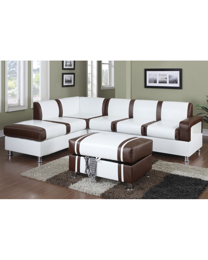 Ultra Modern Two Tone Faux Leather Sectional Sofa with Ottoman - Cream/Brown