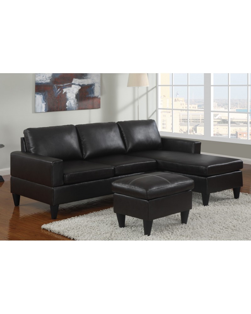 All-In-One Faux Leather Sectional Sofa with Ottoman - Black