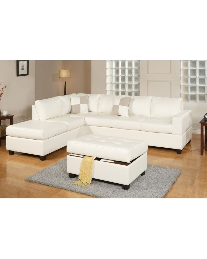3 Piece Sectional Sofa and Ottoman - Bonded Leather, Cream