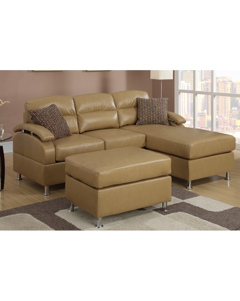 All-In-One Modern Bonded Leather Sectional Sofa with Ottoman - Tan