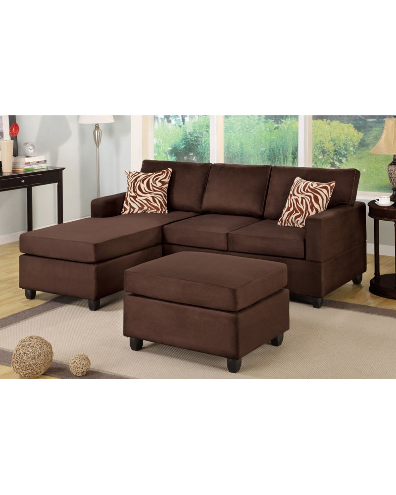 All-In-One Microfiber Plush Sectional Sofa with Ottoman - Chocolate Brown