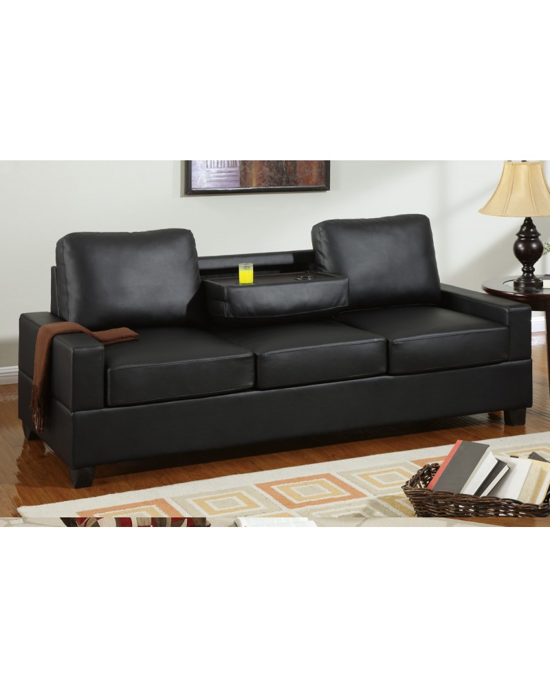 Black Leather Sofa with Console