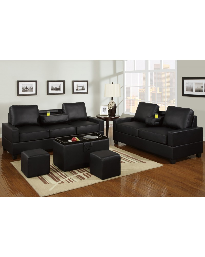 Black Leather Loveseat and Sofa with Console