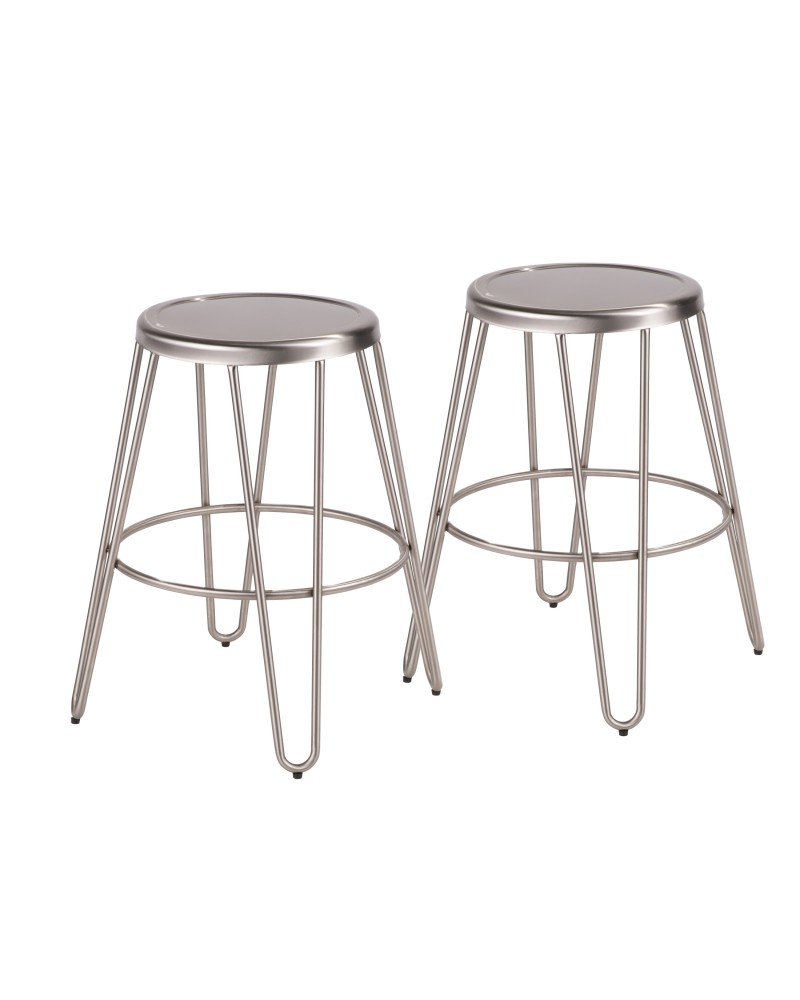 Avery Industrial Metal Counter Stool in Brushed Stainless Steel - Set of 2