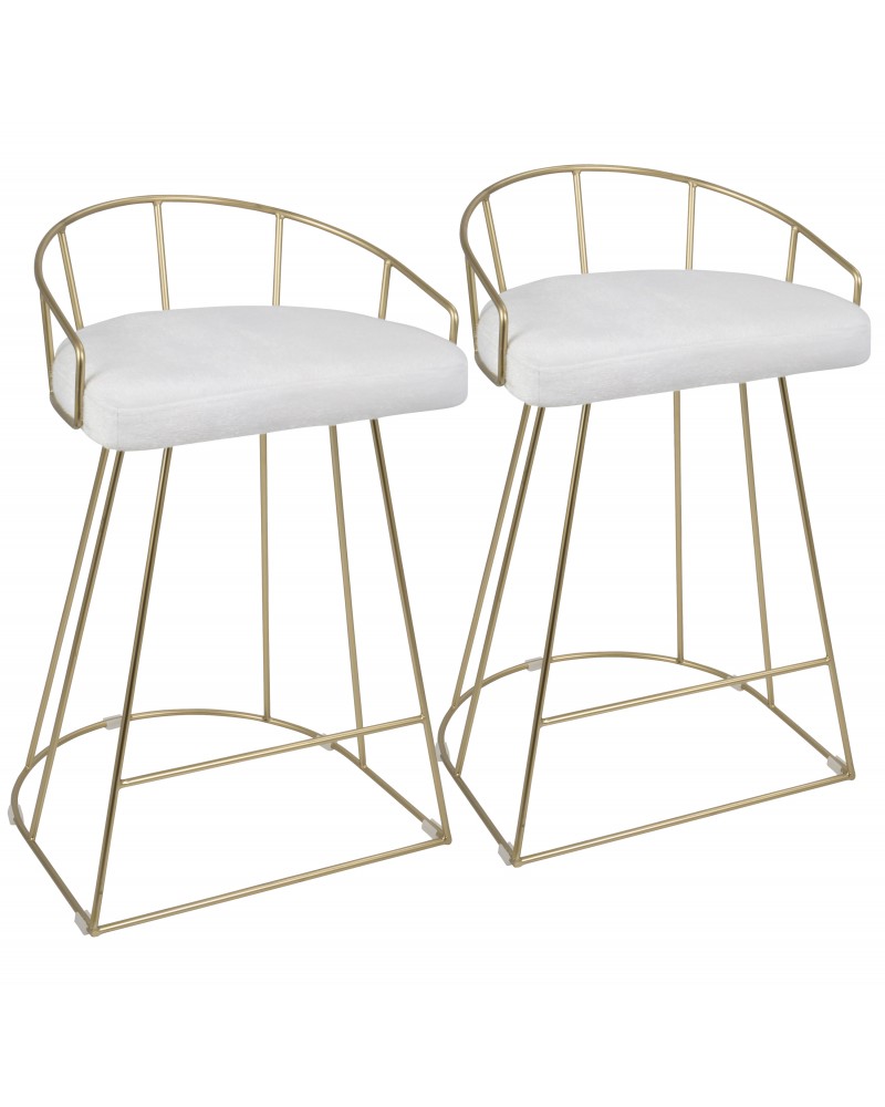 Canary Contemporary-Glam Counter Stool in Gold with White Mohair Fabric - Set of 2