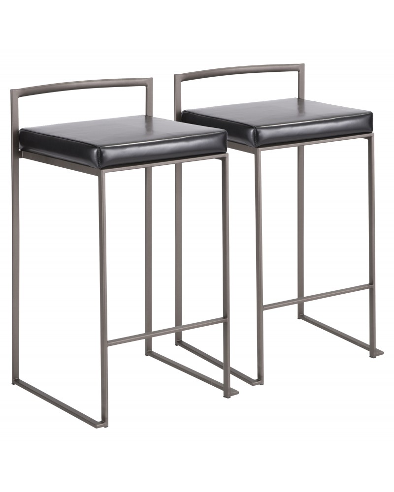 Fuji Industrial Stackable Counter Stool in Antique with Black Faux Leather Cushion - Set of 2