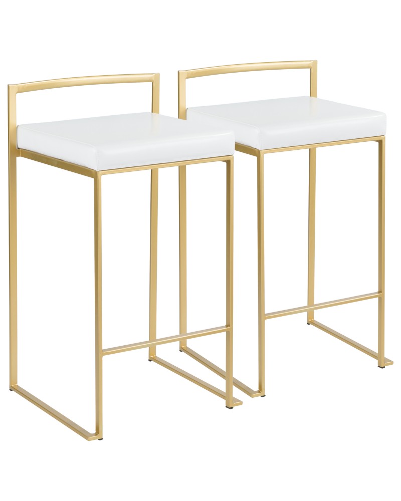 Fuji Contemporary-Glam Counter Stool in Gold with White Faux Leather - Set of 2