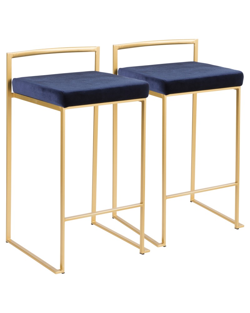 Fuji Contemporary-Glam Stackable Counter Stool in Gold with Blue Velvet Cushion - Set of 2
