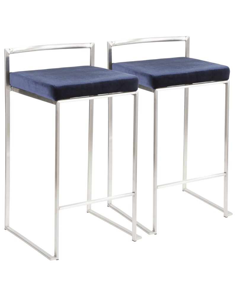 Fuji Contemporary Stackable Counter Stool in Stainless Steel with Blue Velvet Cushion - Set of 2