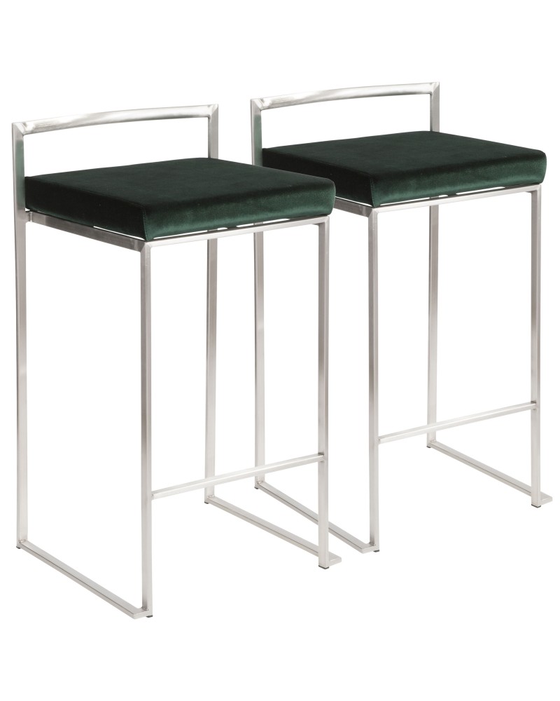 Fuji Contemporary Stackable Counter Stool in Stainless Steel with Green Velvet Cushion - Set of 2
