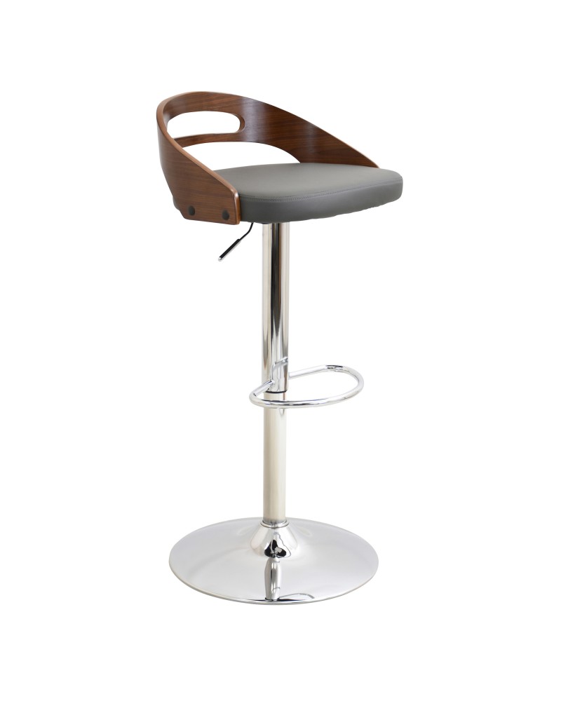 Cassis Mid-Century Modern Adjustable Barstool with Swivel in Walnut and Grey Faux Leather