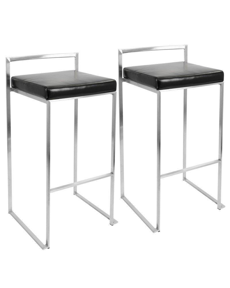 Fuji Contemporary Stackable Barstool with Black Faux Leather - Set of 2