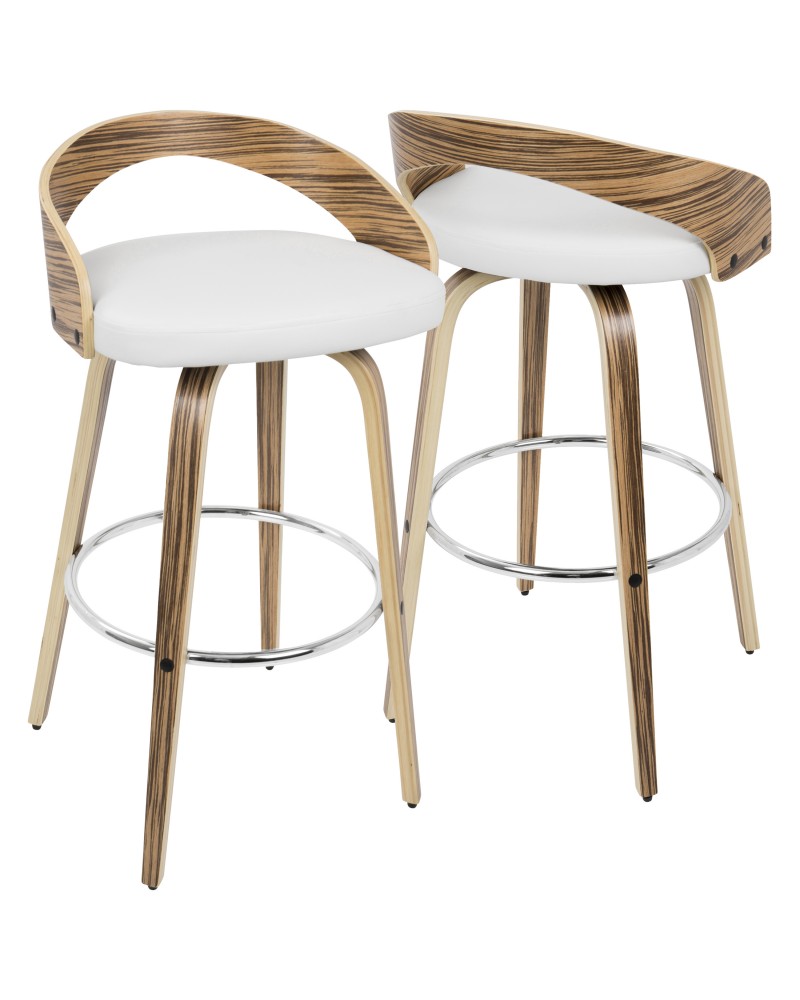 Grotto Mid-Century Modern Barstool with Swivel in Zebra Wood with White Faux Leather