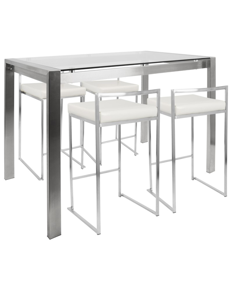 Fuji 5-Piece Contemporary Counter Height Dining Set in Stainless Steel and White