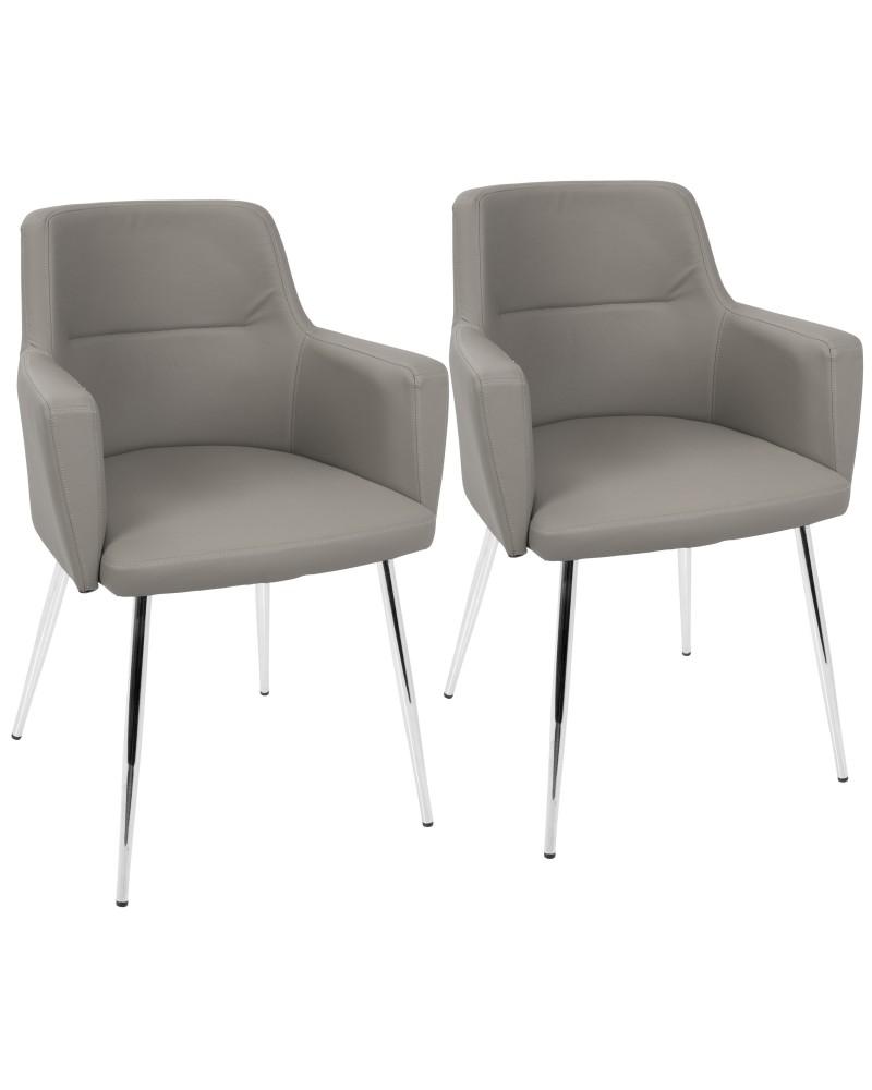 Andrew Contemporary Dining/Accent Chair in Chrome and Grey Faux Leather - Set of 2