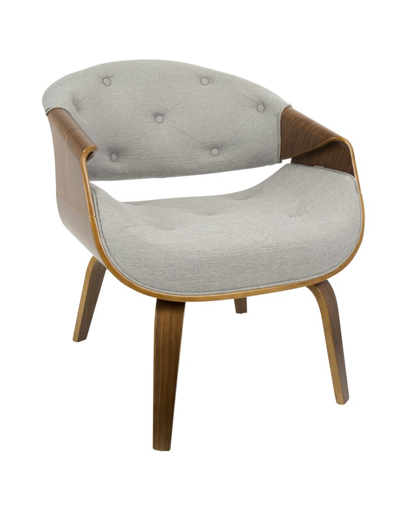 Curvo Mid-Century Modern Tufted Accent Chair in Walnut and Grey Fabric