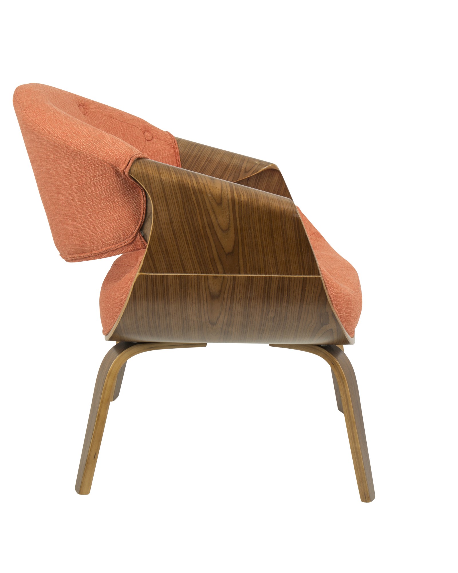 Curvo Mid-Century Modern Tufted Accent Chair in Walnut and Orange Fabric