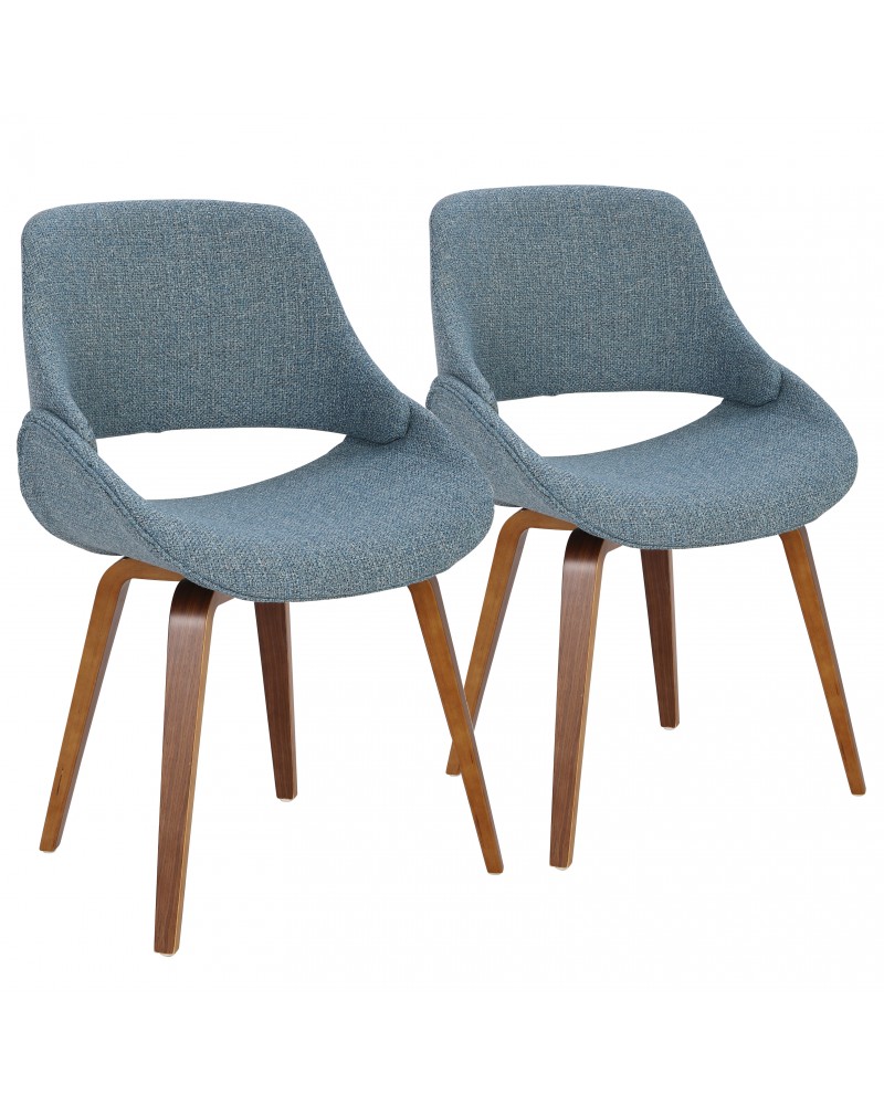 Fabrico Mid-Century Modern Dining/Accent Chair in Walnut and Blue Noise Fabric - Set of 2