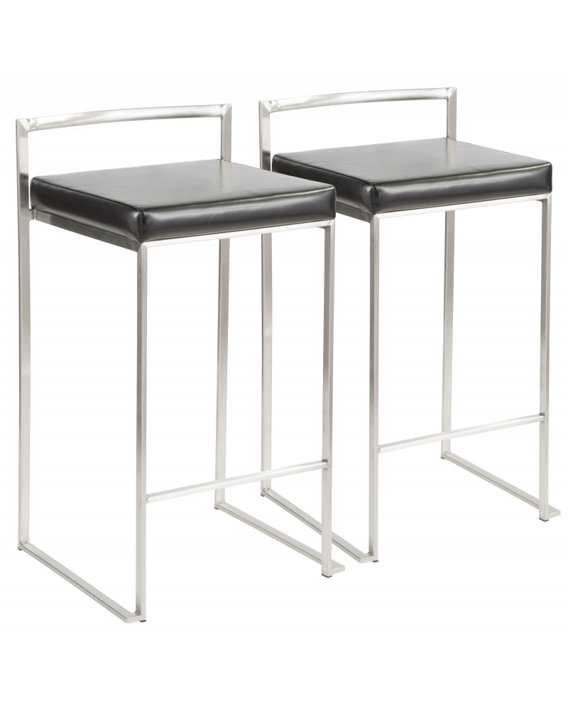 Fuji Contemporary Stackable Counter Stool in Black Faux Leather - Set of 2