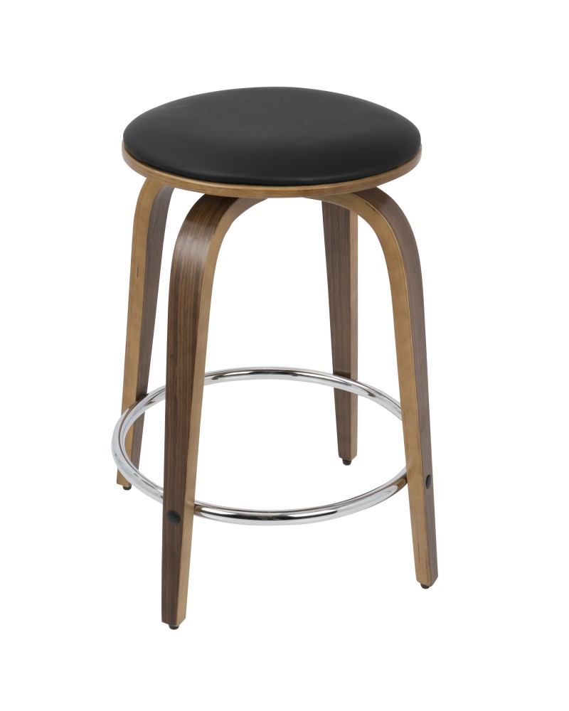 Porto Mid-Century Modern Counter Stool in Walnut and Brown Faux Leather with Chrome Footrest - Set of 2
