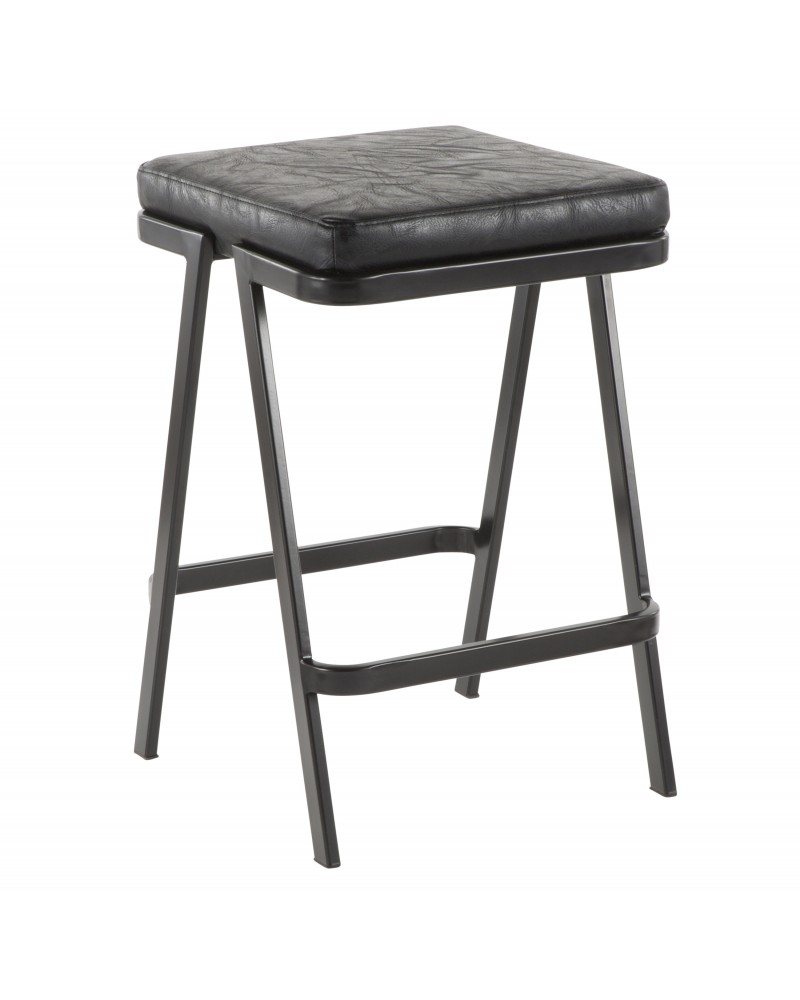 Seven Industrial Counter Stool in Black Metal and Black Faux Leather