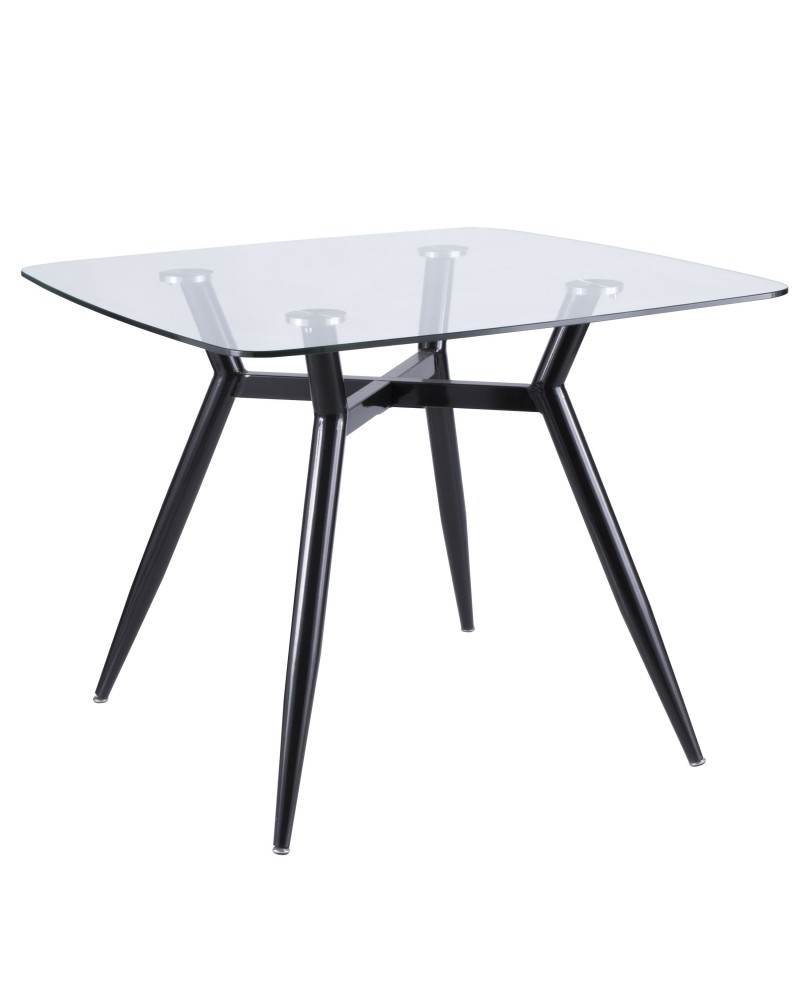 Clara Mid-Century Modern Square Dining Table with Black Metal Legs and Clear Glass Top