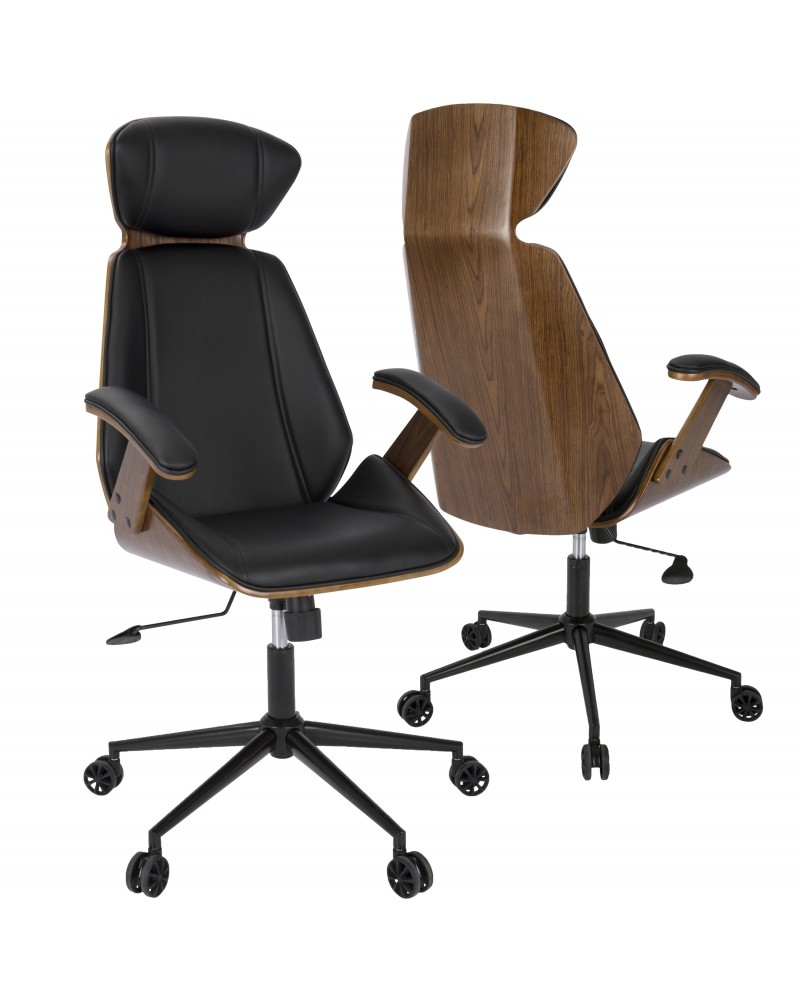 Spectre Mid-Century Modern Adjustable Office Chair in Walnut Wood and Black Faux Leather